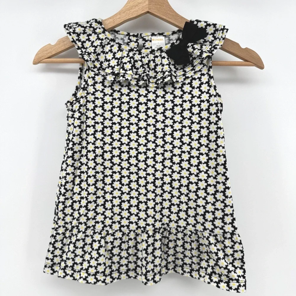 Gymboree Daisy Floral Top Girls Size 7 Black White Yellow Ruffle Peplum‎ Bow